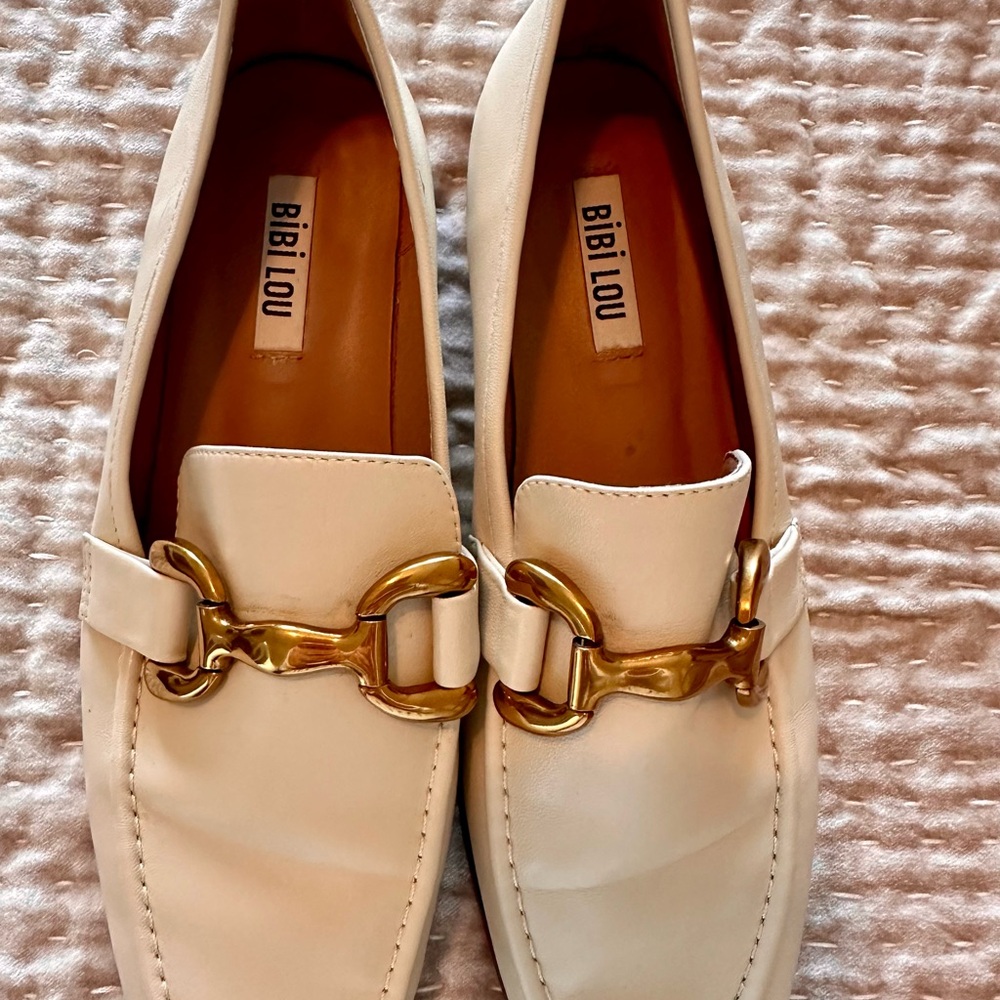 Bibi Lou Cream Loafers with Gold Buckle